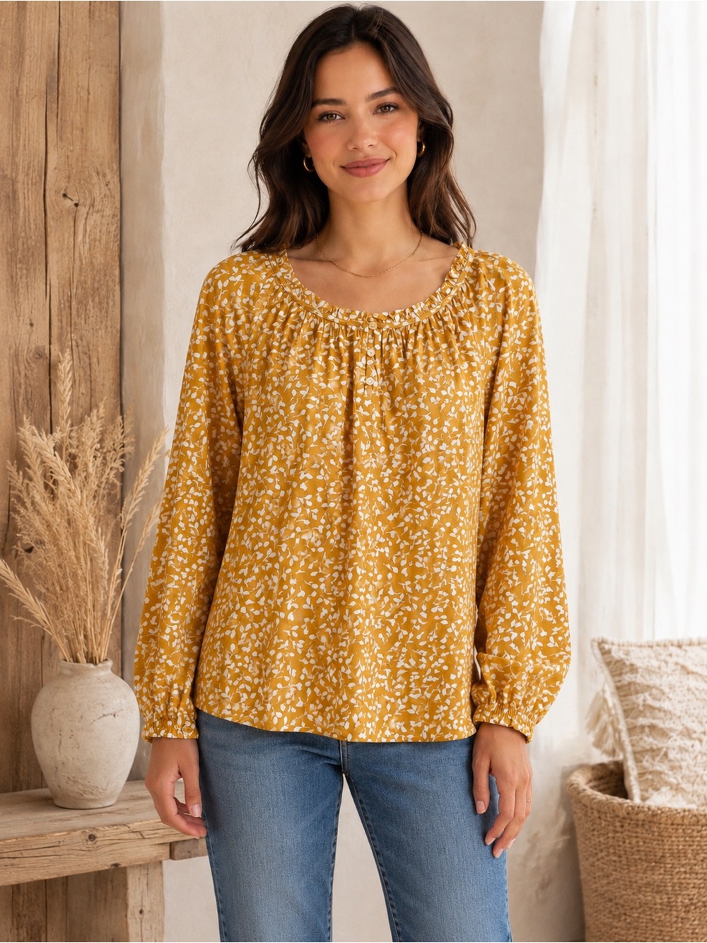 Style & Co Mustard Yellow Floral Long-Sleeve Peasant Blouse S NWT